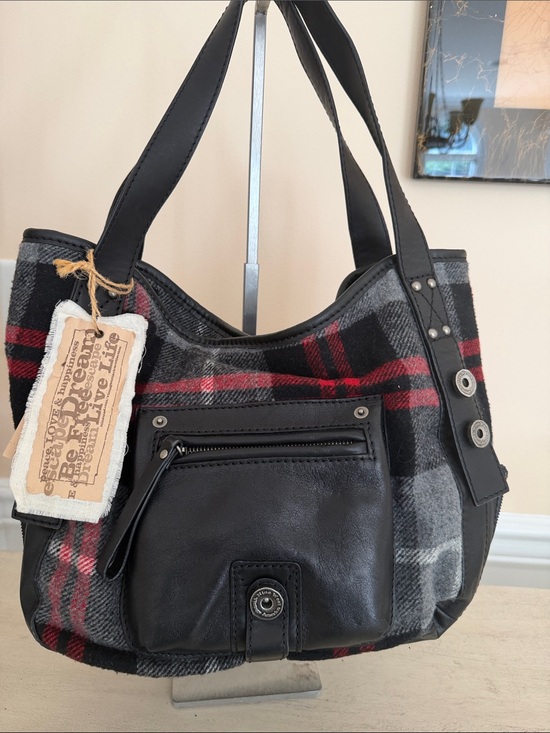 Nine West Vintage America Handbags - Nine West Skyler Plaid Black & Red Tote Bag with Front Pocket